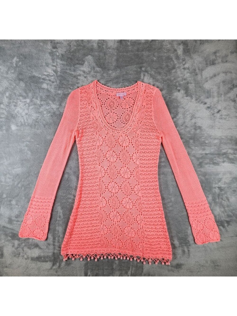 Lilly Pulitzer Crochet Tunic Top Small Coral Pompom Festival Coastal Beachy Boho